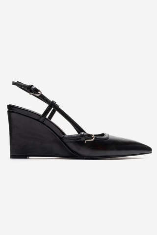Luvishoes Celıa Siyah Cilt Sivri Burunlu Kadın Dolgu Topuklu Ayakkabı Siyah