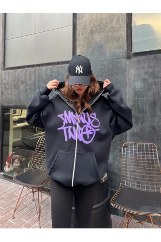 Paradise Oversize Zip-up Graffiti Hoodie - Full Face Zip Gri