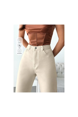 Kene Jeans Yüksek Bel Taş Keten Mom Pantolon Taş