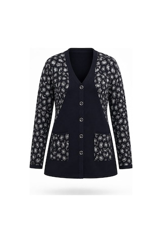 Onno Style Women Simli Leopar Desen Klasik Düğmeli Ceket Lacivert