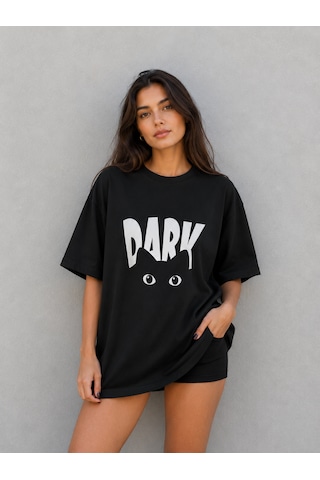 Montree Kedi Dark Baskılı Oversize %100 Pamuk Premium Tişört Siyah