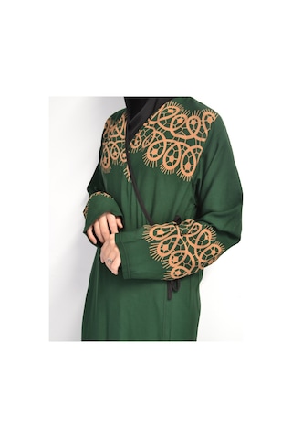 Halkalı Desenli Kruvaze Namaz Elbisesi Yandan Bağlamalı, Rahat Kesim 36 46 Beden Yeşil
