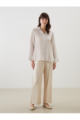 Lcw Comfort Ekru Çizgili Oversize Kadın Gömlek