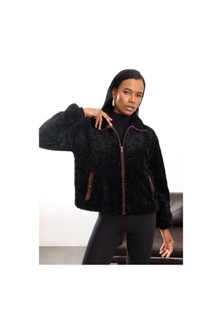 Siyah Kadife Detaylı Peluş Mont Siyah