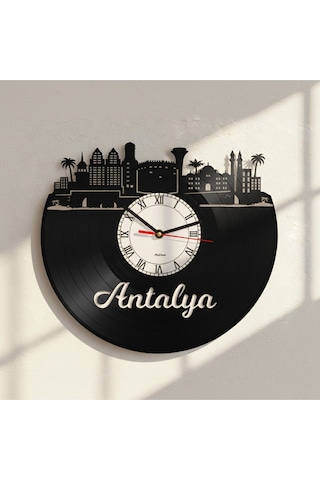 Antalya Silüetli Geri Dönüşüm El Emeği Plak Duvar Saati Siyah