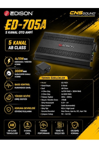 Edison Ed-705a 5 Kanal Oto Amfi 4x70w + 300w Rms Bass Kontrol Dahil