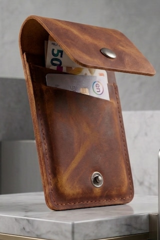Luvo %100 Gerçek Deri El Yapımı 3 Bölmeli 9 Kart Kapasiteli Cüzdan Premium Kompakt Kartlık Açık Kahverengi - Taba