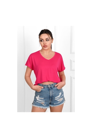 Kadın V Yaka Kısa Kollu T-shirt 1478-23 001