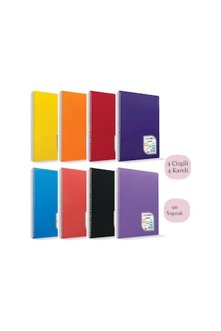 Çınar Colormaxi A4 96 Yaprak Plastik Kapak Spiralli Defter 4 Kareli+4 Çizgili