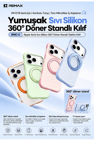 Remax Ripple Series İphone 17 Pro Uyumlu Likit Silikon Kılıf - 360 Döner Standlı Rmc-5 - Beyaz