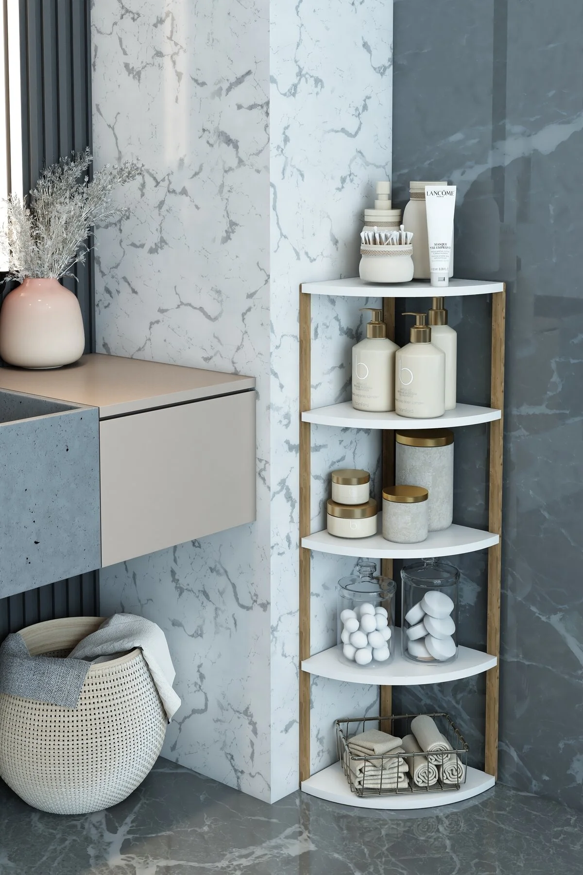 Zümrüt 5 Katlı Üçgen Ahşap Çok Amaçlı Sehpa / Saksılık-çiçeklik / Dekoratif Raf Beyaz