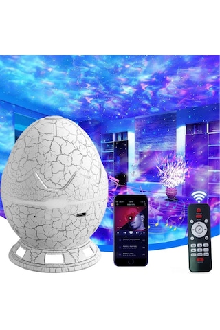 Çatlak Dinozor Yumurtası Tasarımlı Projektörlü Gece Lambası Bluetooth Özellikli Çok Renkli