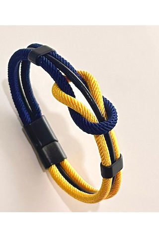 Çift Renkli El Yapımı Taraftar Bilekliği Makrome-%100 Deri Kombin Unisex Bileklik Net 21 Cm Sarı - Lacivert