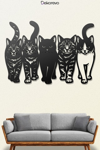 Kedi Çetesi Beşli Kedi Silüeti Metal Duvar Dekoru - Metal Duvar Sanatı - Siyah - 30 X 20 Cm