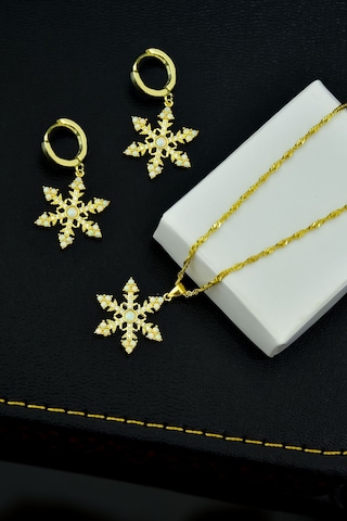 Papatya Silver 925 Ayar Gümüş Gold Kaplama Singapur Zincir Opal Kar Tanesi Kadın Kolye ve Küpe Set