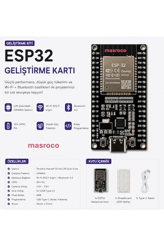 Esp32 Wifi + Bluetooth Geliştirme Kartı Type-c + Cp2102 Breadboard Ve Usb Kablo Dahil