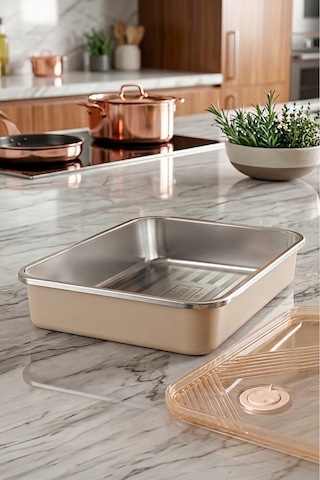 Stainless Paslanmaz Çelik Vakumlu Saklama Kabı,fırın Ve Kek Kabı 3 Lt Yemek Kabı Sefer Tası Kahverengi