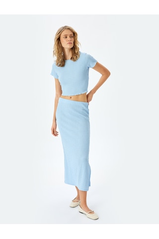 Koton Bisiklet Yaka Kısa Kollu Slim Fit Dokulu Crop Tişört Mavi 5sak50210ek Mavi