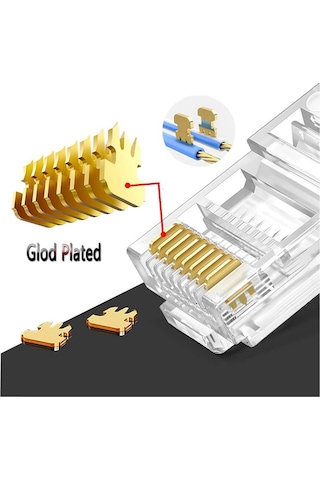 Koodmax - 50 Adet - 50u" 50 Micron Gold Plated Cat6 Ez Rj45 Delikli Konnektör - Yeni Nesil Jack Uç