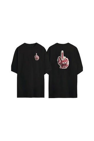 Thewert Unisex I Love You Ön Arka Baskılı Sıyah Oversize T-shirt Siyah