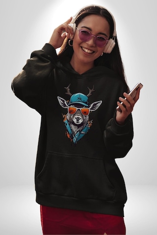 Güneş Gözlüğü Savaşcı Geyik Kadın Erkek Siyah Kapüşonlu Sweatshirt Hoodie Siyah