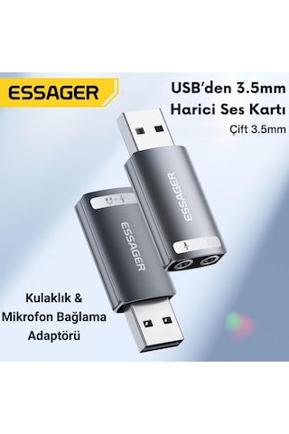 Essager Usb To 3.5mm Jack Çevirici Dönüştürücü Usbden Kulaklık Mikrofon Giriş Dönüştürücü Ses Dönüştürücü