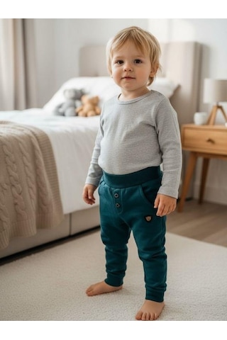 Zekids Erkek Çocuk Pamuklu Lastikli Duble Paça Eşofman Altı-16388 Yeşil
