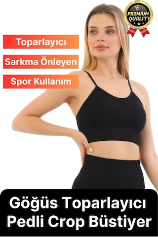 Svein Göğüs Toparlayıcı Sarkma Önleyen Gündelik Spor Kullanım İnce İp Askılı Pedli Çizgili Crop Büstiyer Siyah