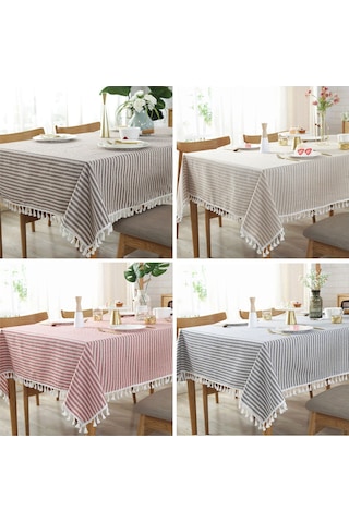 Mavi Buldan Keten Püsküllü Çi Zgi Li Masa Örtüsü