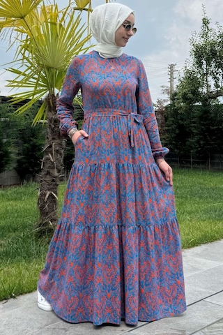 Rabia Şamlı Betül Turuncu Tesettür Elbise Çok Renkli