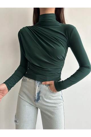 Kadın Büzgü Detaylı Dik Yaka Sandy Bluz Zümrüt