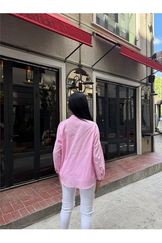WeShaya Pembe Oversize Pamuk Karışımlı Cepli Gömlek Pembe