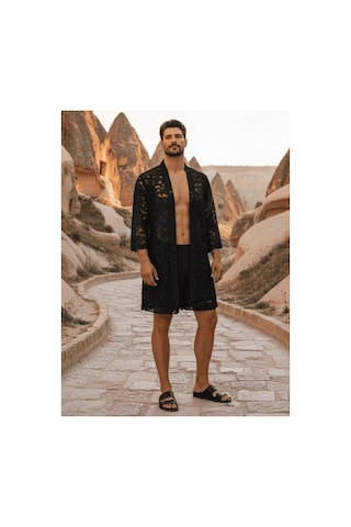 Qmen Style Erkek Kimono Takımı 3 Lü Dantel Set Bornoz + Pantolon + Şort Siyah