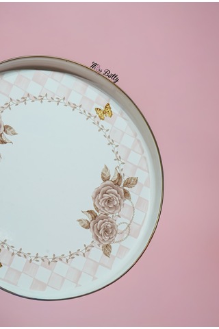 Rosadora Emaye Çay Tepsisi Dekoratif Vintage Servis Tepsisi Pembe