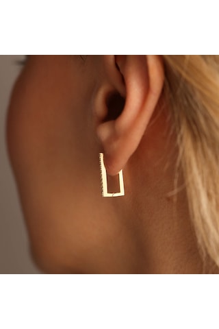 Sembol Gold Dikdörtgen Taşlı Altın Halka Küpe 1.5 cm Mini
