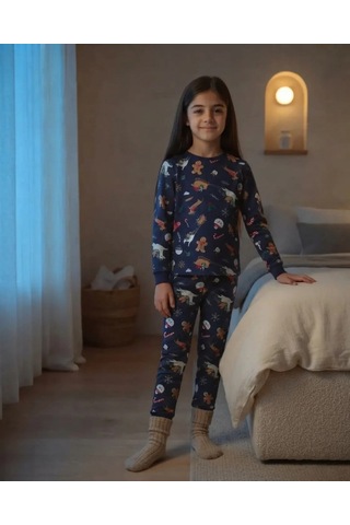 Isobel Kids Unisex Çocuk Lacivert Yılbaşı Desenli Uzun Kollu Pijama Takımı