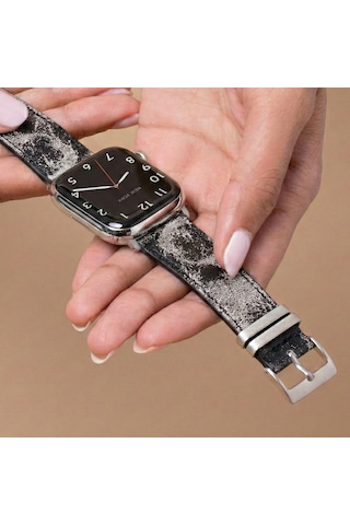 Goldoni Apple Watch Uyumlu Antik Siyah İnce Gerçek Deri Kordonu Metal Köprülü