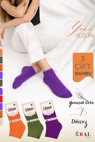 Kral Socks Kadın Bambu Patik 3 Adet Dikişsiz Kısa Yazlık Kadın Çorap Asorti