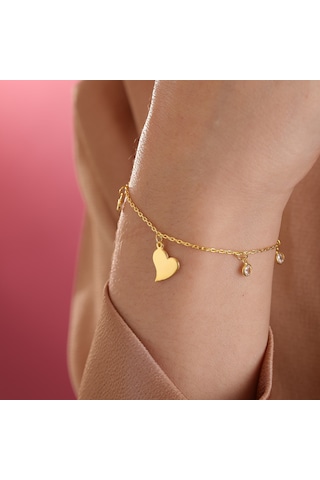 Queen Silver Jewelry 925 Ayar Gümüş. Kalp Objeli Zirkon Taş Sallantılı Bileklik Altın