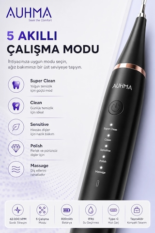 Ultrasonic Şarjlı Elektrikli Akıllı Diş Temizleme Cihazı Beyazlatıcı 5 Mod 3+1 Başlık, Ipx8 Su Geçirmez Siyah Diğer
