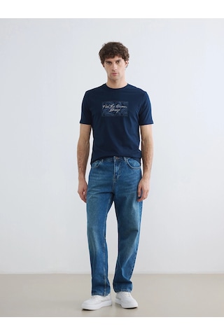 LC Waikiki Lcwaıkıkı Classic Lacivert Bisiklet Yaka Baskılı Penye Erkek Tişört New Navy