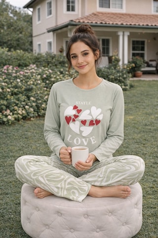 Rindahomewear Kadın Love Baskılı Süprem Uzun Kol Pijama Takımı Haki