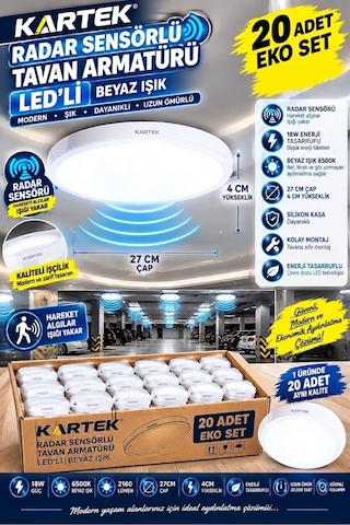 20 Adet 18w Radar Sensörlü Sıva Üstü Tavan Armatürü,18w Kendinden Ledli Modern İnce Tasarım ,akıllı Aydınlatma,aydınlatma Glop Armatürü Led Avize Aplik Balkon Banyo Koridor Lambası Led Beyaz