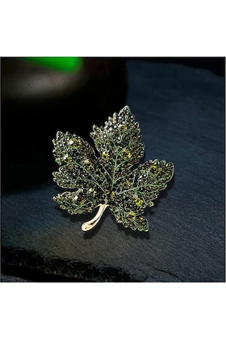Kadınlar İçin Premium Akçaağaç Yaprağı Broşu Yapay Elmas Kristal Yeşil
