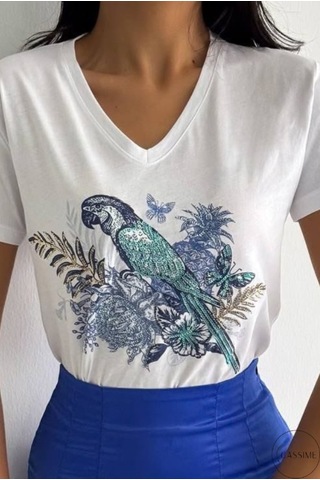 Cassime Kadın Beyaz V Yaka Papağan Pul Payet İşlemeli %100 Pamuk Tişört Büyük Beden Xl-2xl-3xl