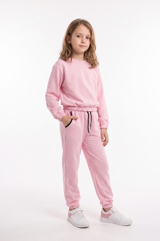 Panios Kids 2'li Yuvarlak Yakalı Beli Lastikli Crop Kesim 4 Parça Kız Çocuk Alt Üst Eşofman Takımı Pembe-kırmızı