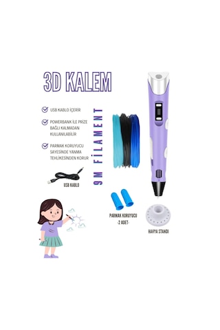 Mor 3D Kalem 3D Pen Yazıcı Kalem – 3 Adet 3 Metrelik PLA Filament (Toplam 9M) + USB Kablo