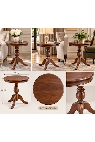 Arkhenx 5921 Yuvarlak Lüks Fiskos Sehpa 60x60x62 Cm Tornalı Ayaklı Ahşap Yan Sehpa + Fiskos +ceviz Renk Bzs1