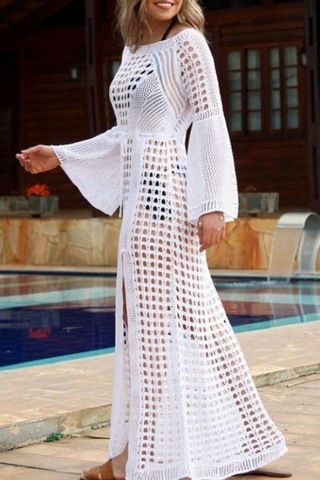 Kadın Yarasa Kol Triko Maxi Boy Pareo Beyaz