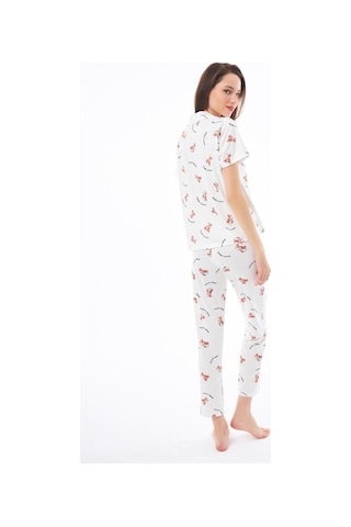 Cottonhill Premium Kadın Pijama Takımı Ayıcık Desenli Yumuşak Dokulu Kısa Kollu Gömlek Yaka Krem